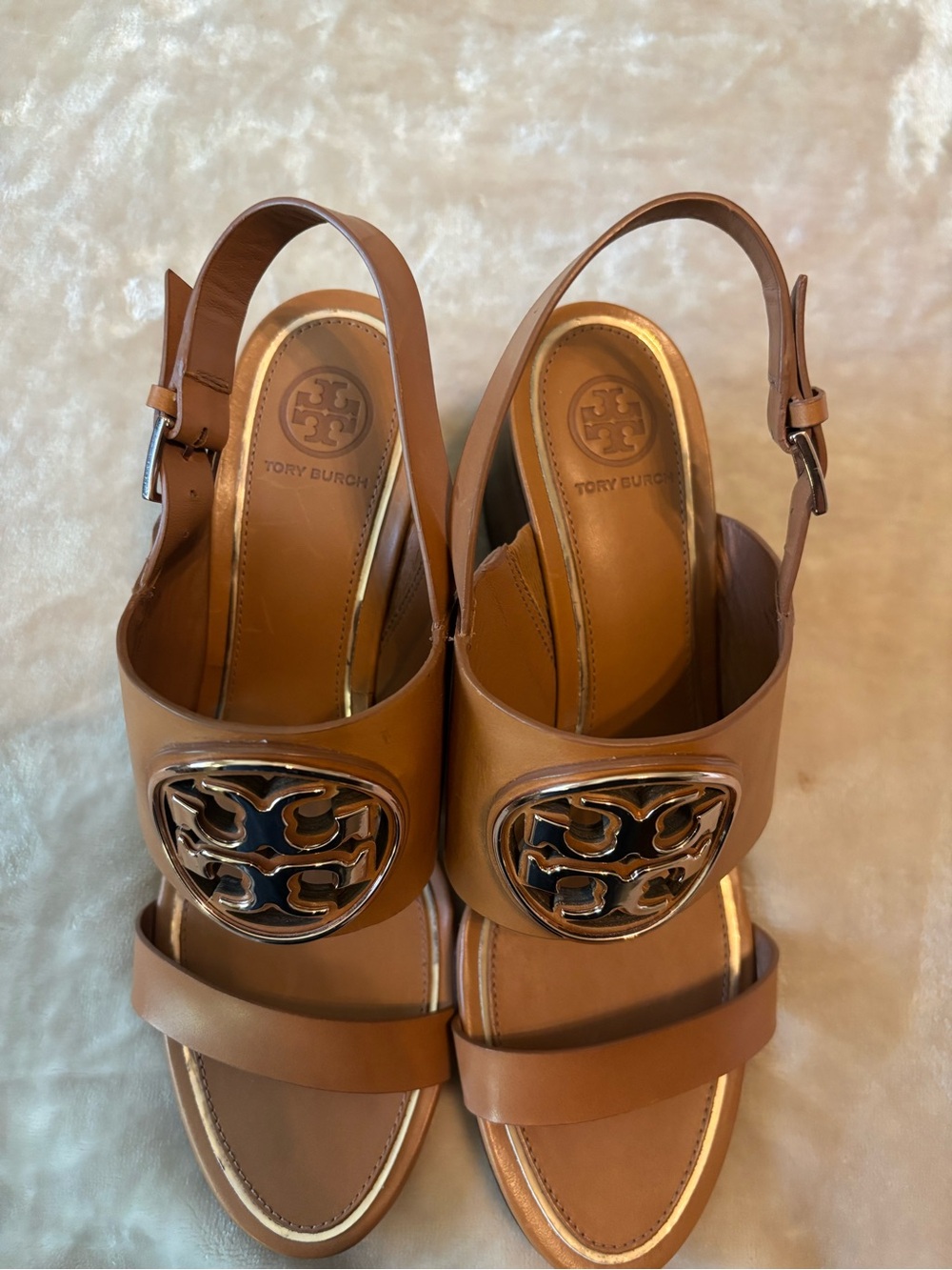 Tory Burch Cognac Leather Slingback Sandals with Logo Medallion